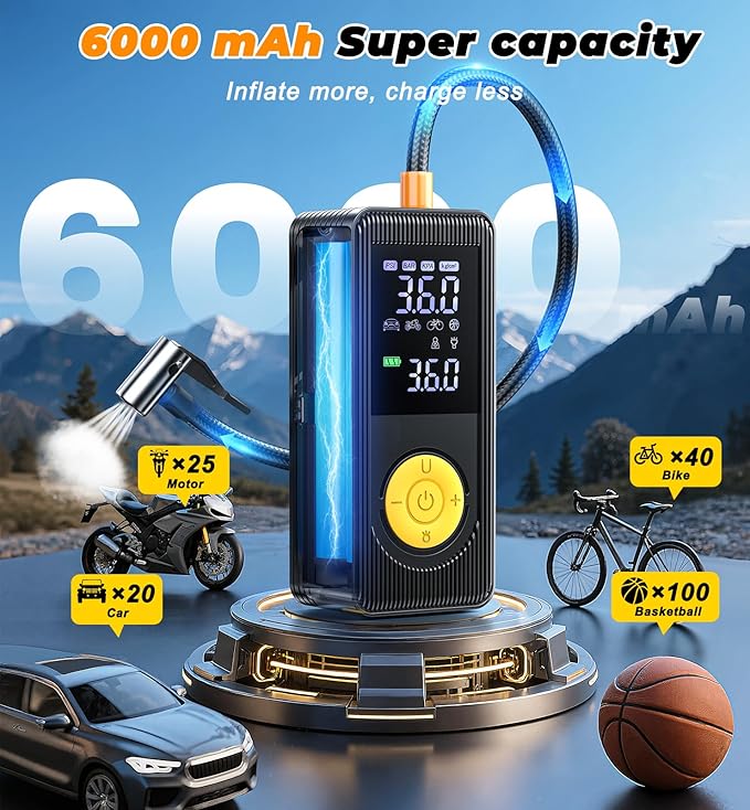 Tire Inflator Portable Air Compressor - 150 PSI 4X Fast Inflation Rechargeable Battery & 12V DC Adapter Powered Air Pump for Car Bike Motorcycle Tires Balls with LCD Display, LED Light Christmas Gift
