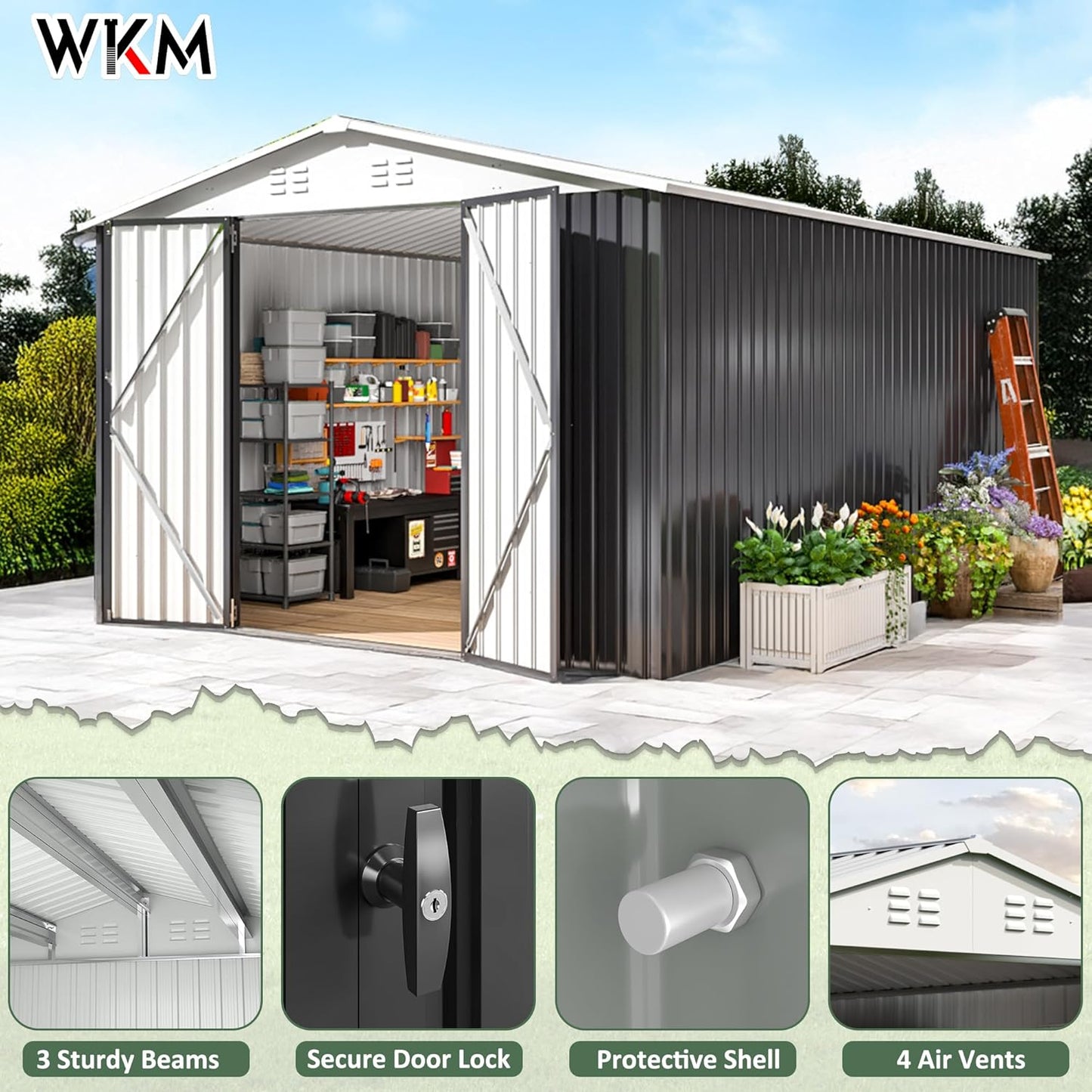 WKM 10x14 Outdoor Storage Shed, Garden Shed with Updated Frame Structure and Lockable Doors, Metal Tool Sheds for Backyard Garden Patio Lawn, White