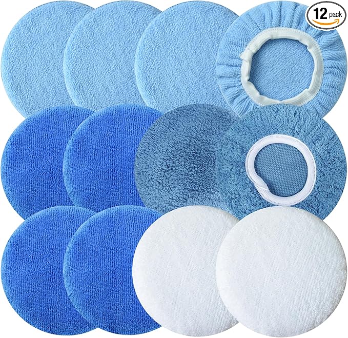 Boltigen 12pcs 5-6 inch Polishing Pad Bonnets 12Pack 4 Color 5 to 6'' Orbital Polishing Pad Microfiber Coral Fleece Bonnet Car Buffer Polisher Waxing Covers for Automobile Glass Cleaning and Polish