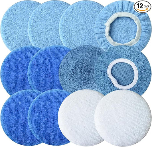 Boltigen 12pcs 5-6 inch Polishing Pad Bonnets 12Pack 4 Color 5 to 6'' Orbital Polishing Pad Microfiber Coral Fleece Bonnet Car Buffer Polisher Waxing Covers for Automobile Glass Cleaning and Polish