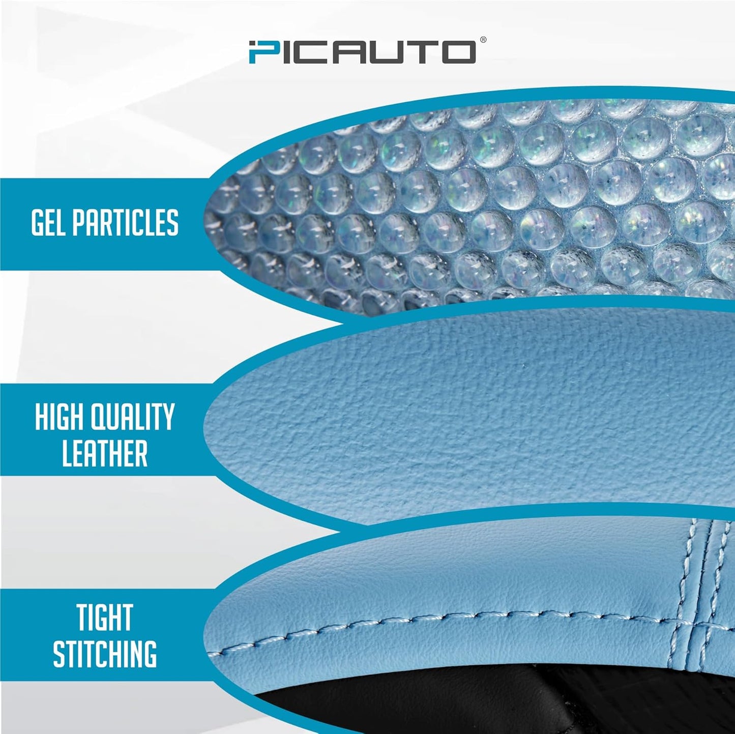 PIC AUTO Gel Particles Steering Wheel Cover, Blue Luxury Leather Car Steering Wheel Protector, Universal Fit 14.5"-15.5" Anti-Slip Car Interior Accessories for Girls & Womenn