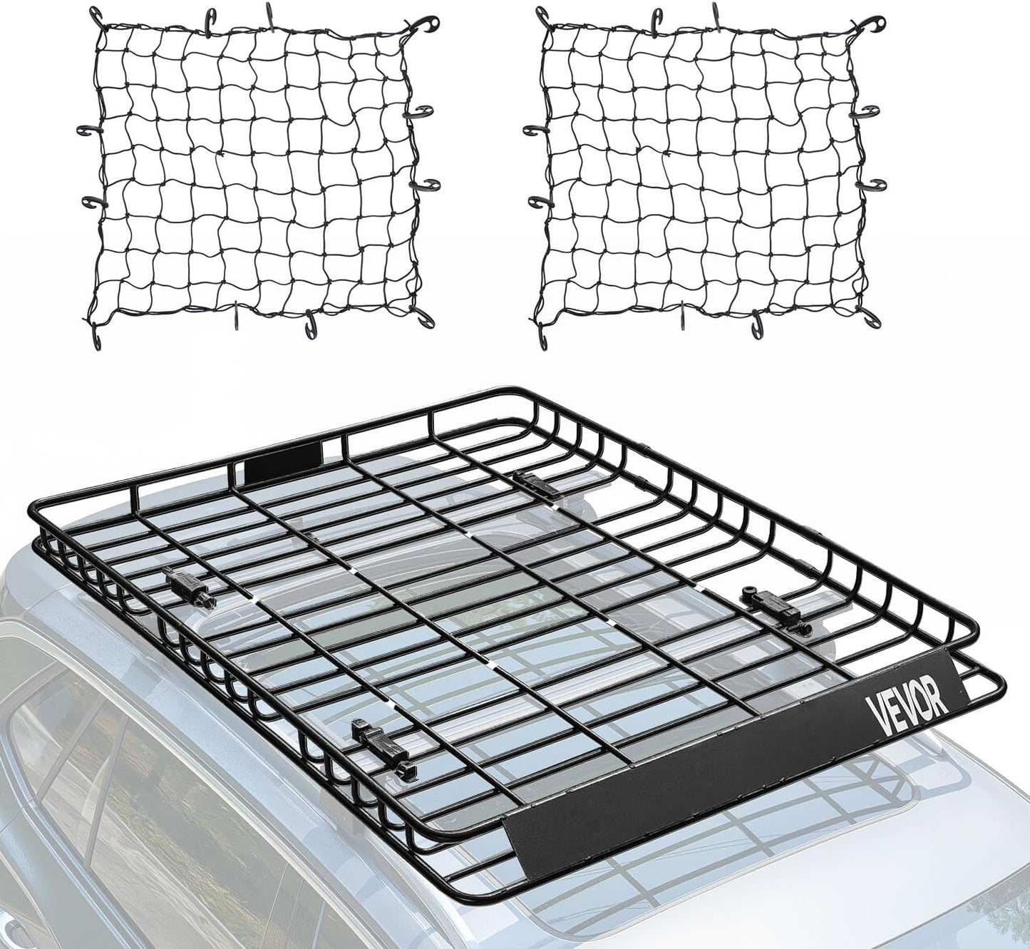 VEVOR Roof Rack Basket, 64 x 50 x 4.1 in, Universal Rooftop Cargo Carrier with Two 35.4 x 39.4 in Cargo Net,150 lbs Max Car Top Luggage Holder, 4.1 in Fence, Anti-Rust Alloy Steel, for SUV Truck Car