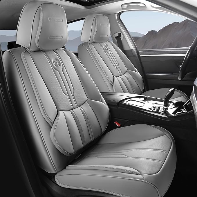 AOOG Car Seat Covers Custom Fit for Ford F150 2009-2026, Faux Leather Seat Cover Set for2017-2026 F250 F350 F450, Accomodating Regular Cab Super Cab Super Crew Pickup Truck Cushions(Grey, Front Seat)