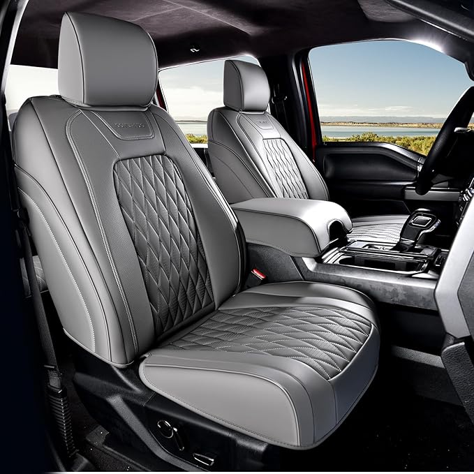 Coverado Leather Car Seat Cover, Custom Fit for Ford F150 Seat Covers, Ford F150 Truck Seat Covers Waterproof Fit for 2015-2025 F150 & 2017-2025 F250 F350 F450 Gray - Front Pair