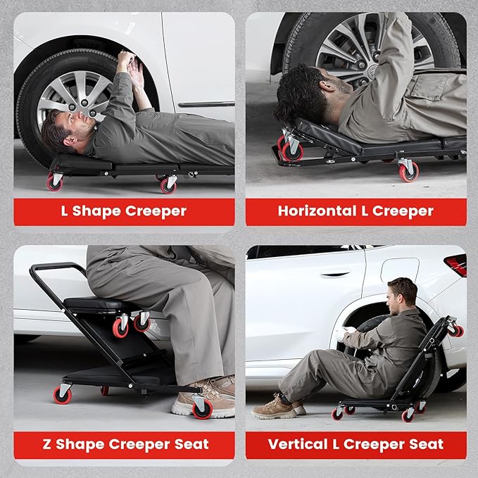 Creeper, 40 Inches 4 in 1 Z Creeper Seat 2025 Upgraded 450 lbs Capacity Garage Chair Adjustable Rolling Folding Car Creeper with 6 pcs 3" Wheels,Lay Down or Sit for Garage, Shop, Auto Repair