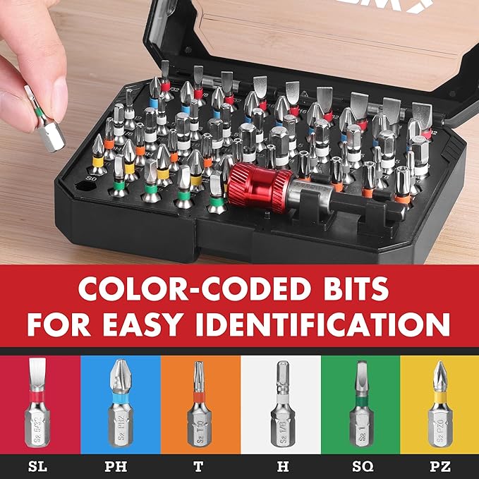 ARROW 59-Piece 1/4" Screwdriver Bit Set, S2 Steel Color-Coded Bits with Magnetic Bit Holder & Storage Case, Compatible with Power Drill, Screwdriver, and Mini Ratchet Wrench