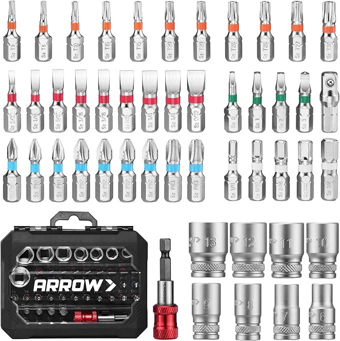 ARROW 48-Piece 1/4" Screwdriver Bit & Socket Set, Color-Coded S2 Steel Drill Bits with Magnetic Bit Holder, 6–13mm CR-V Sockets, Compatible with Power Drill, Screwdriver & Mini Ratchet Wrench