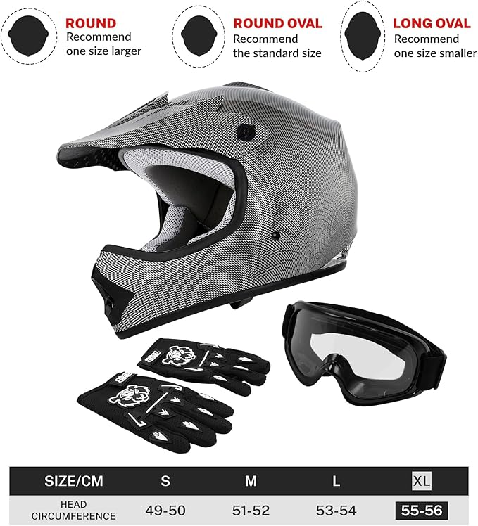 XFMT DOT Youth Kids Dirt Bike Helmet Full Face Motocross Helmets for Off-Road ATV Street Bike Four Wheeler Motorcycle with Goggles & Gloves (Carbon Fiber, X-Large)