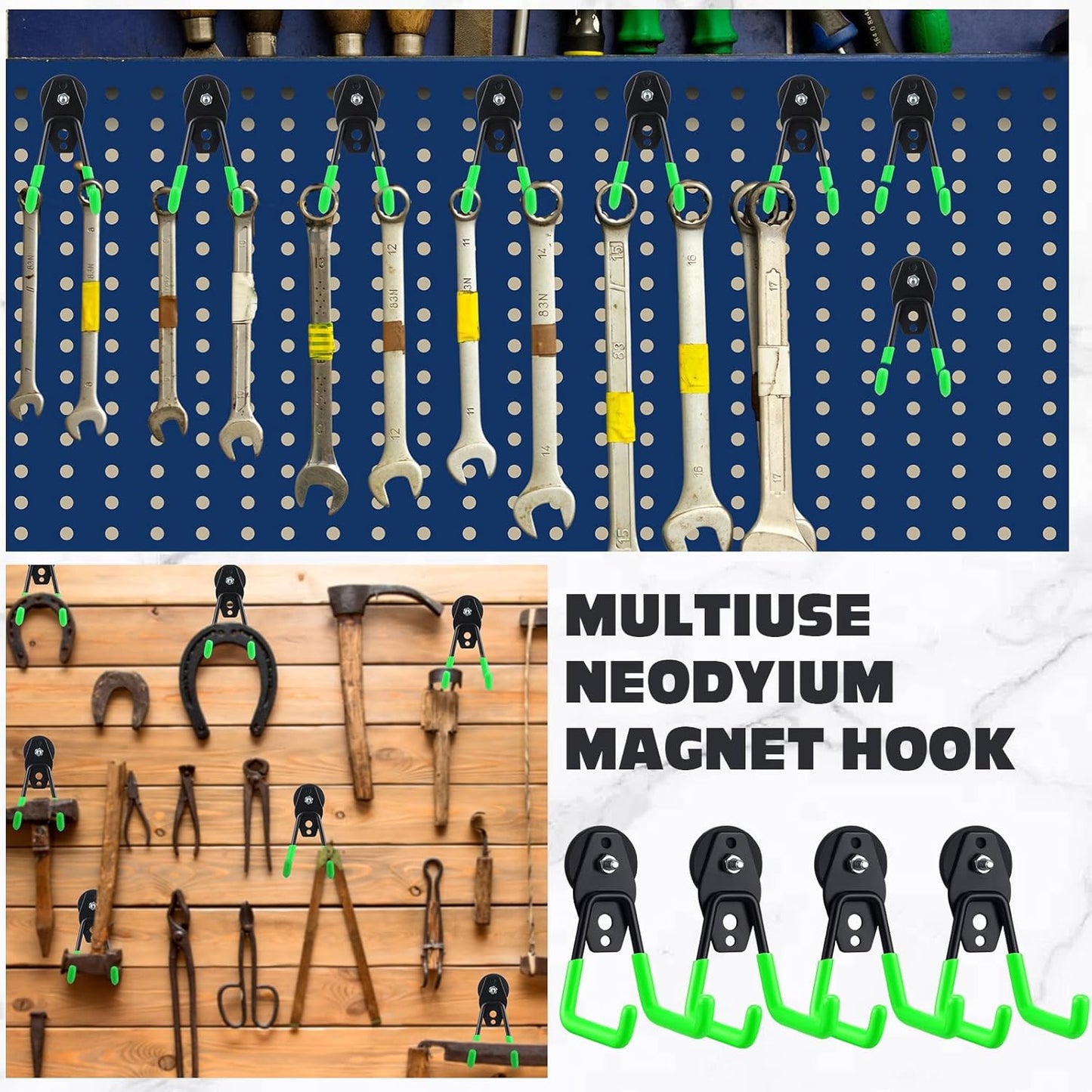 Landhoow Large Magnetic Hooks Heavy Duty Garage Magnet Hooks Strong Storage Utility Magnetic Hangers with Anti Slip Rubber Coating for Indoor and Outdoor Hanging(Green,6 Pcs)