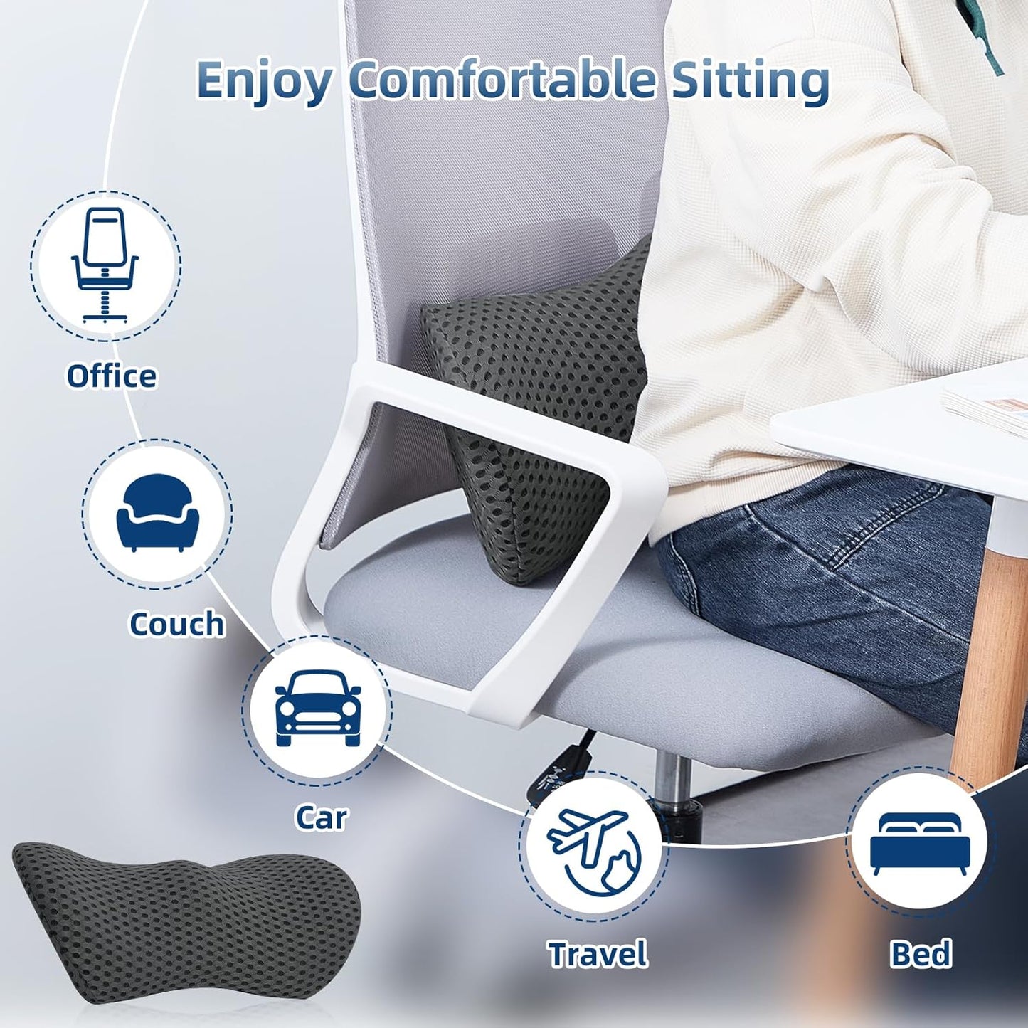 Lumbar Pillow, Memory Foam Lumbar Support Pillow for Office Chair and Car Seat, Ergonomic Streamline Back Pillow for Lower Back Pain Relief, Back Support Pillow for Sitting, Driving, Traveling