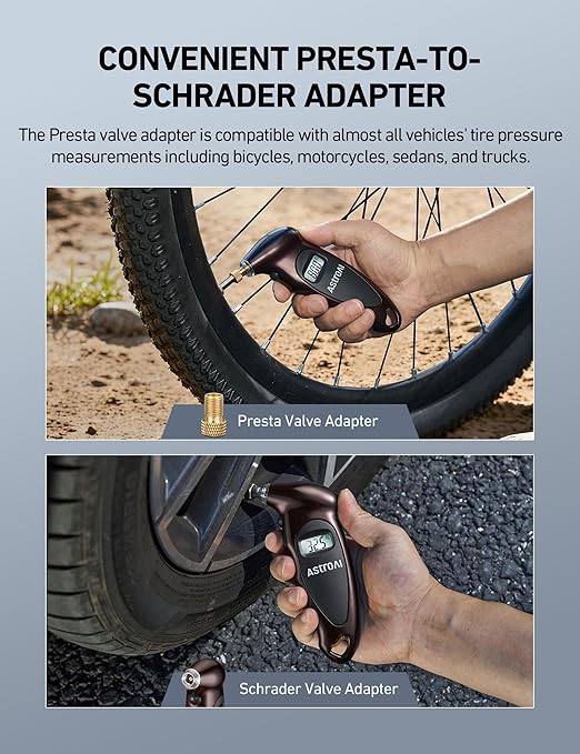 AstroAI Digital Tire Pressure Gauge 0-150PSI, Accurate in 0.1 Increments, Tire Gauge with Backlit LCD and Presta Valve Adaptor, 4 Units of Measurement for Car Truck Bicycle, Brown