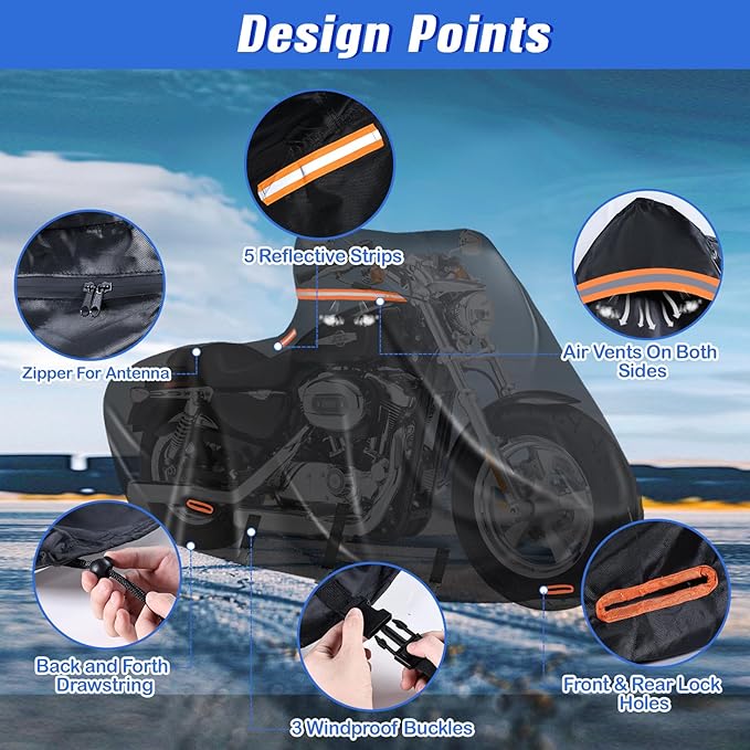 Heavy Duty Motorcycle Cover XL Waterproof Outdoor,600D Power Sports Vehicle Covers,Nano Silver Inner,5 Reflective Strips,3 Windproof Buckles,Air Vents,Rain UV Dust Proof(1XL 86" x 39" x 51" Black)