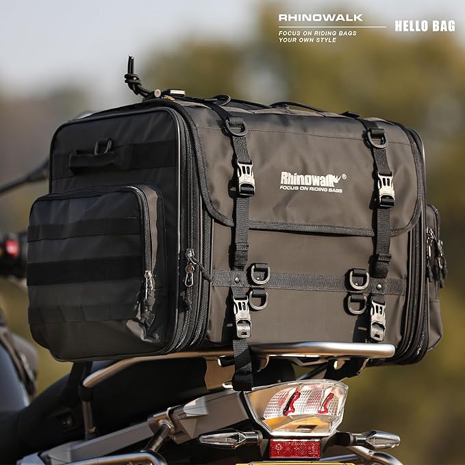 Rhinowalk Motorcycle Saddle Bag Motorbike Rear Seat Bag Waterproof Expandable 60L to 80L Large Pannier Luggage for Touring and Street Powersports (80L, Black)