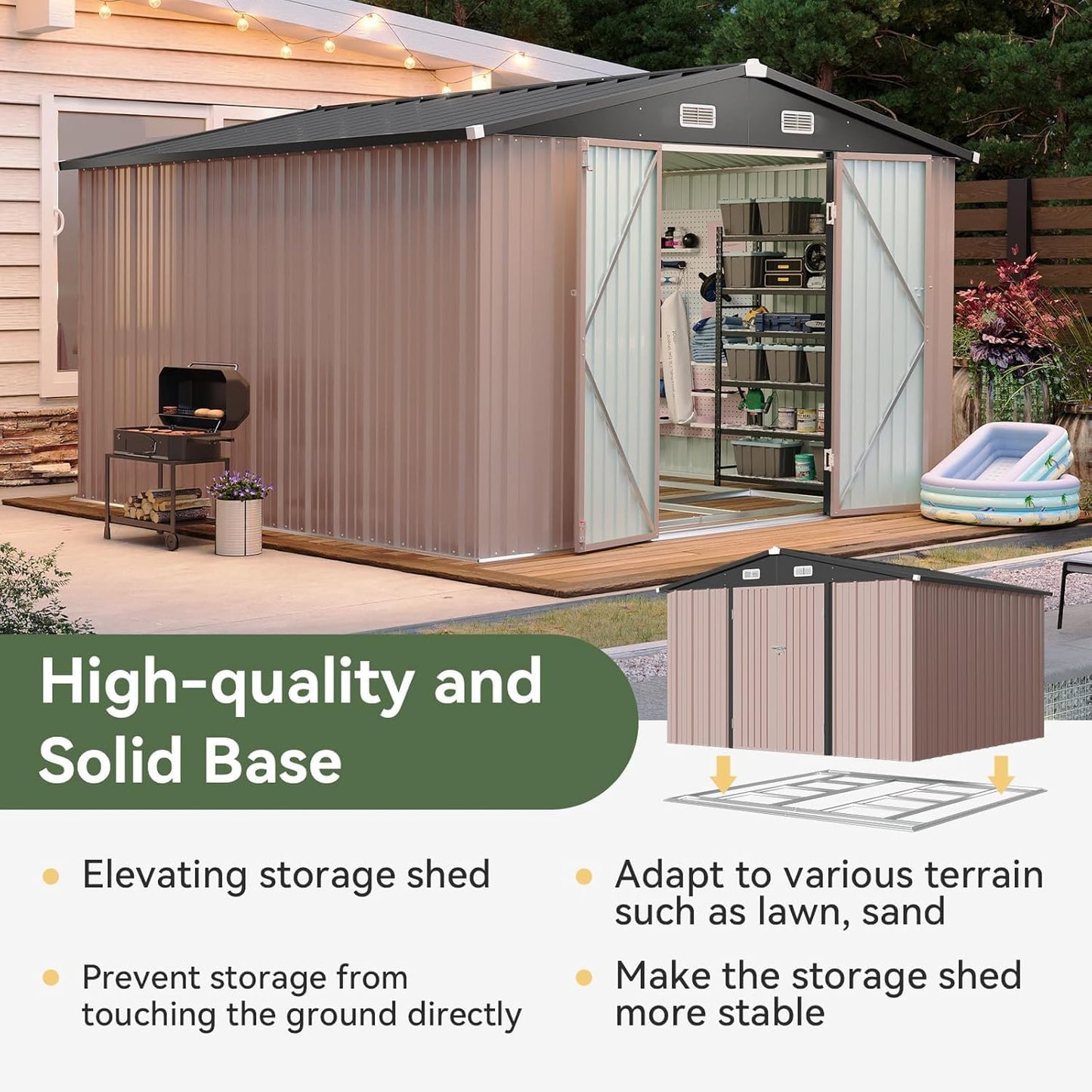 Aoxun 10x10 FT Shed Outdoor Storage Shed with Base, Large Shed Steel Utility Tool Shed Storage House with Door & Lock, Metal Sheds with Sloped Roof for Garden Patio Lawn Poolside, Brown