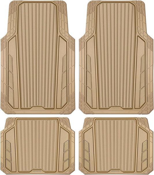 CAR PASS Heavy Duty Sporty Rubber Car Mats, Deep Dish All Weather Car Floor Mats Full Set, Waterproof Anti-Slip Automotive Matts Rugs Trim to Fit for Most Sedans SUVs, 4-Piece All Beige