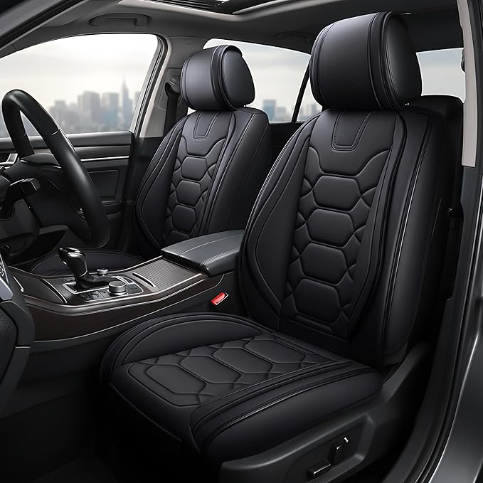OASIS AUTO Car Seat Covers Front Seats, Waterproof Faux Leather Seat Covers for Cars Universal Fit for SUV, Truck, Sedan, Black Premium Car Seat Protector with Cushions (OS-004 Black)