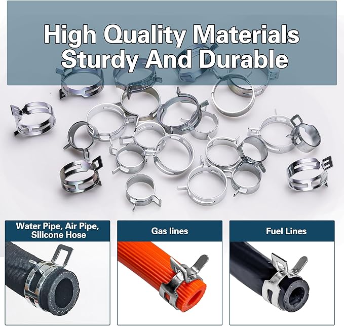 Automotive spring hose clamps 24-38 mm, 62 pcs fuel coolant pipe clamp tools in 8 sizes, used to fix hose interfaces in automotive, marine, gardening, and industrial applications