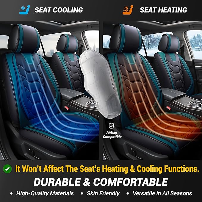 OASIS AUTO Car Seat Covers Front Seats, Waterproof Faux Leather Seat Covers for Cars Universal Fit for SUV, Truck, Sedan, Black Premium Car Seat Protector with Cushions (OS-004 Black&Teal)