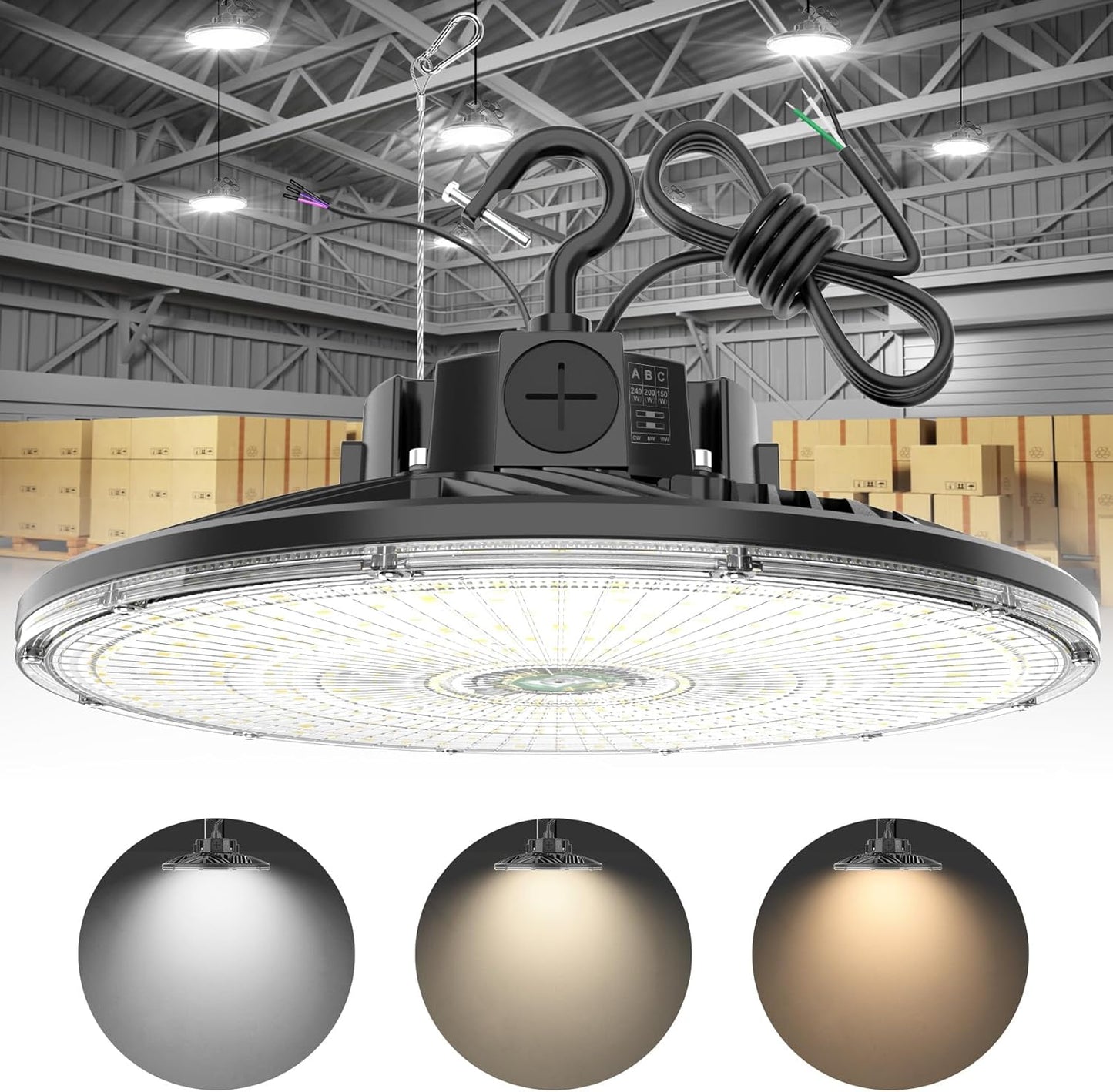 480V UFO LED High Bay Light 240W 200W 150W Adjustable, UL DLC Listed Dimmable High Bay LED Shop Lights 3000K 4000K 5000K, IP65 Waterproof Commercial Bay Lighting for Warehouse Factory