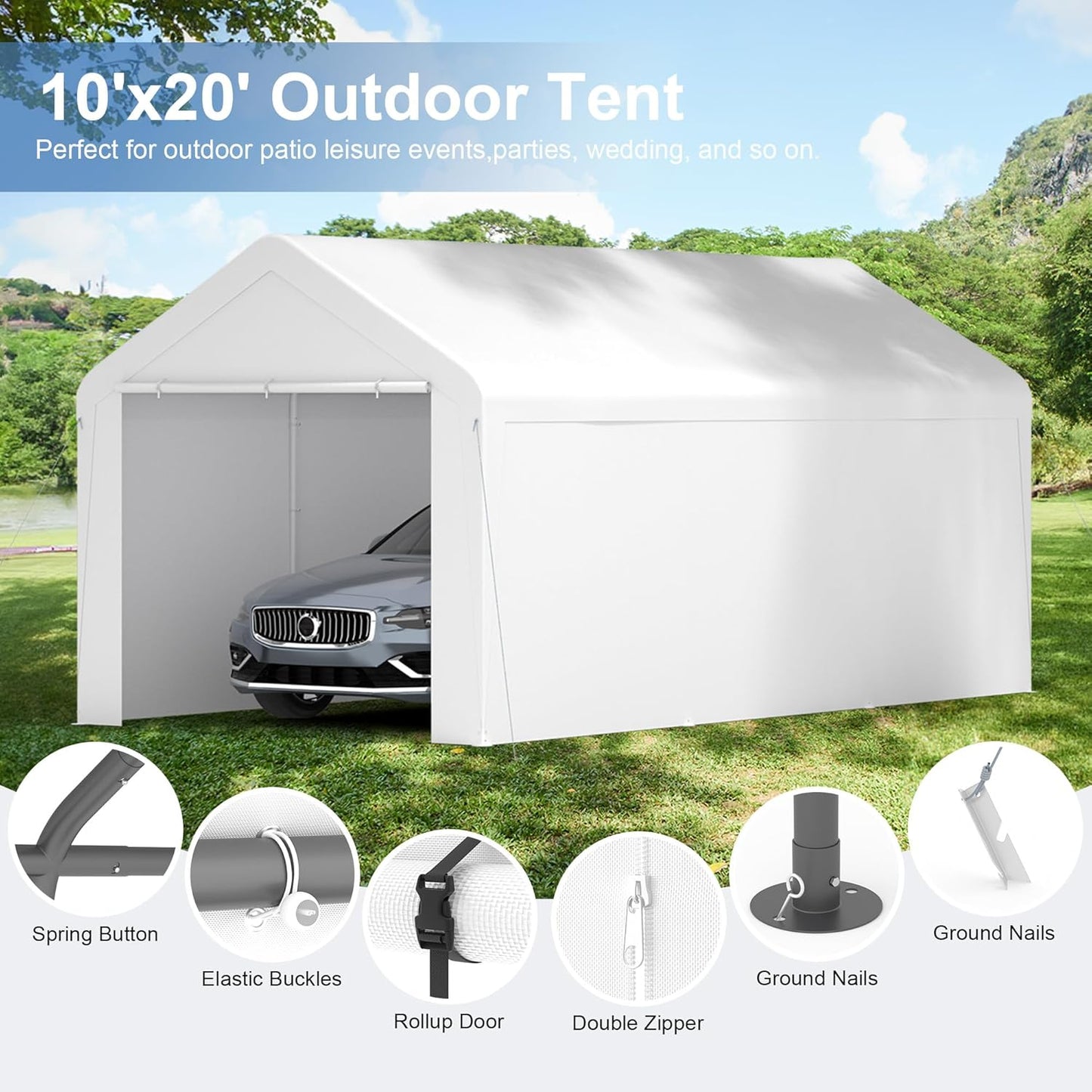 Carport 10x20 Heavy Duty Portable Garage w/Removable Sidewalls & Roll-Up Door Car Canopy Party Tents Waterproof UV Resistant All Weather Car Port for Trucks,Boats (White)