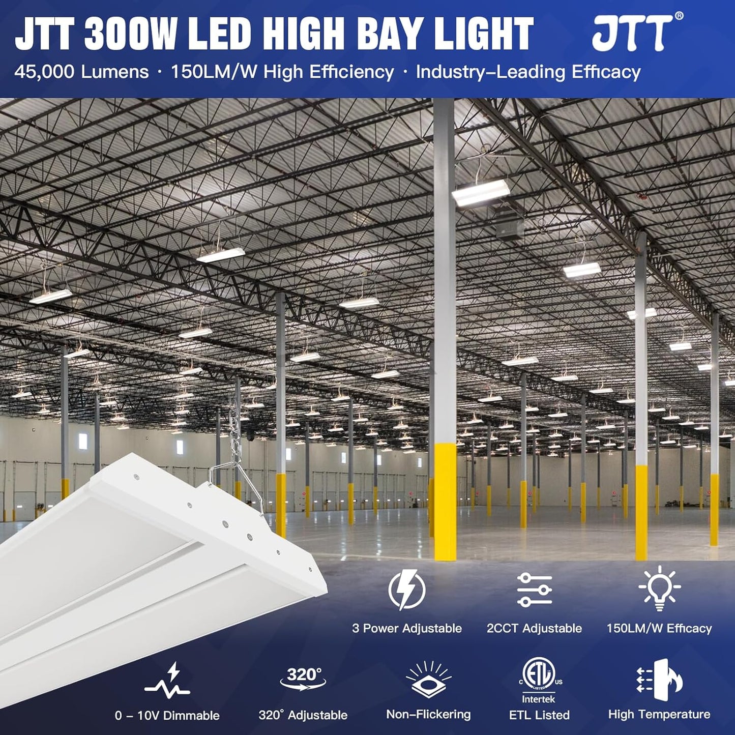 JTT LED Linear High Bay Light 300/240/200W, 45000LM Linear Shop Light Commercial 120-277V, 4000/5000K High Bay Lights Shop Workshop Store Commercial Supermarket Warehouse Basement, 2-Pack ETL