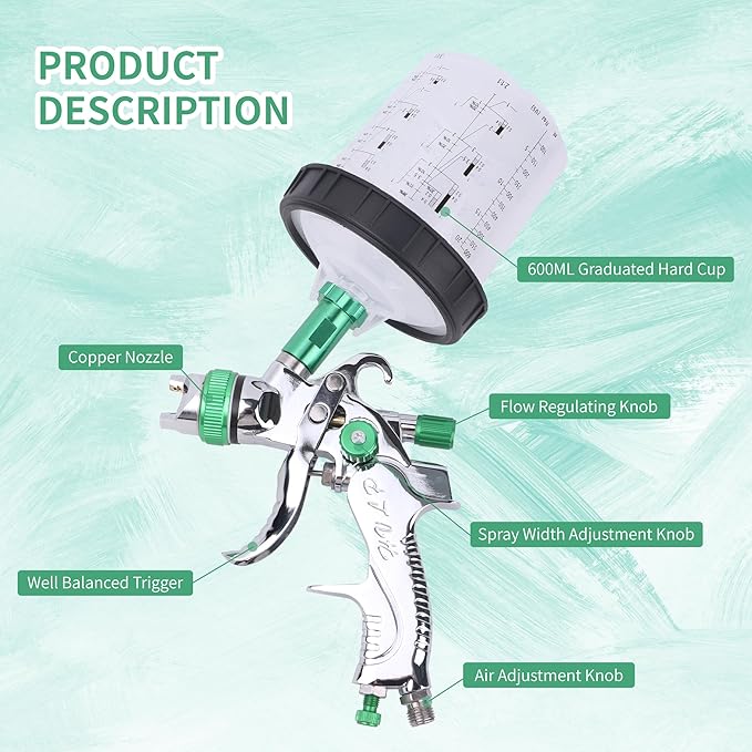 HVLP Spray Gun with 10Pcs 600ML Disposable Paint Cups, 4 Nozzles,1.4/1.7/2.0/2.5mm, Automotive Gravity Feed Paint Spray Gun Kit with Air Compressor Regulator for Auto (Green)