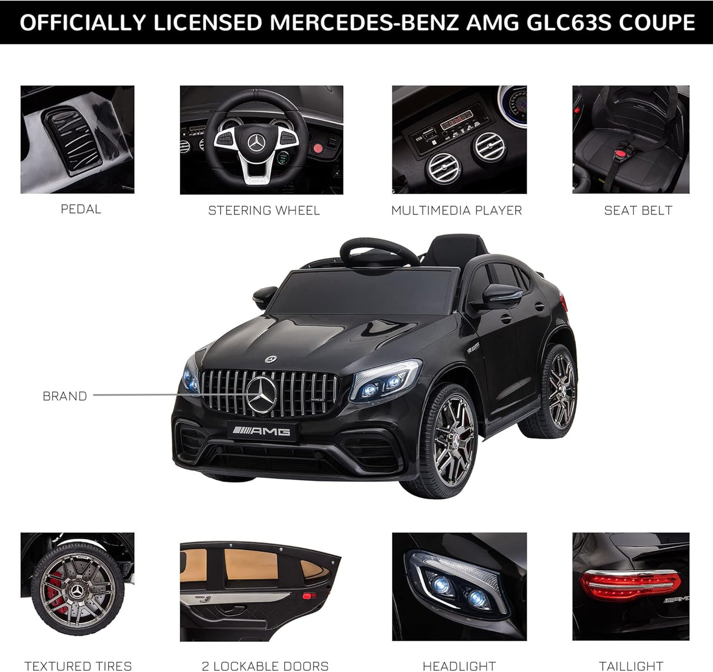 Aosom 12V Toddler Ride On Car with Remote Control, Mercedes Benz AMG GLC63S Coupe, Electric Car with 2 Speed, MP3 Player, Light, Horn, Songs, Suspension, Black