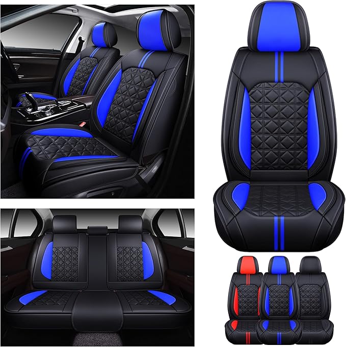 OASIS AUTO Car Seat Covers Full Set Premium Waterproof Faux Leather Cushion Universal Accessories Fit SUV Truck Sedan Automotive Vehicle Auto Interior Protector (OS010-Black&Blue)