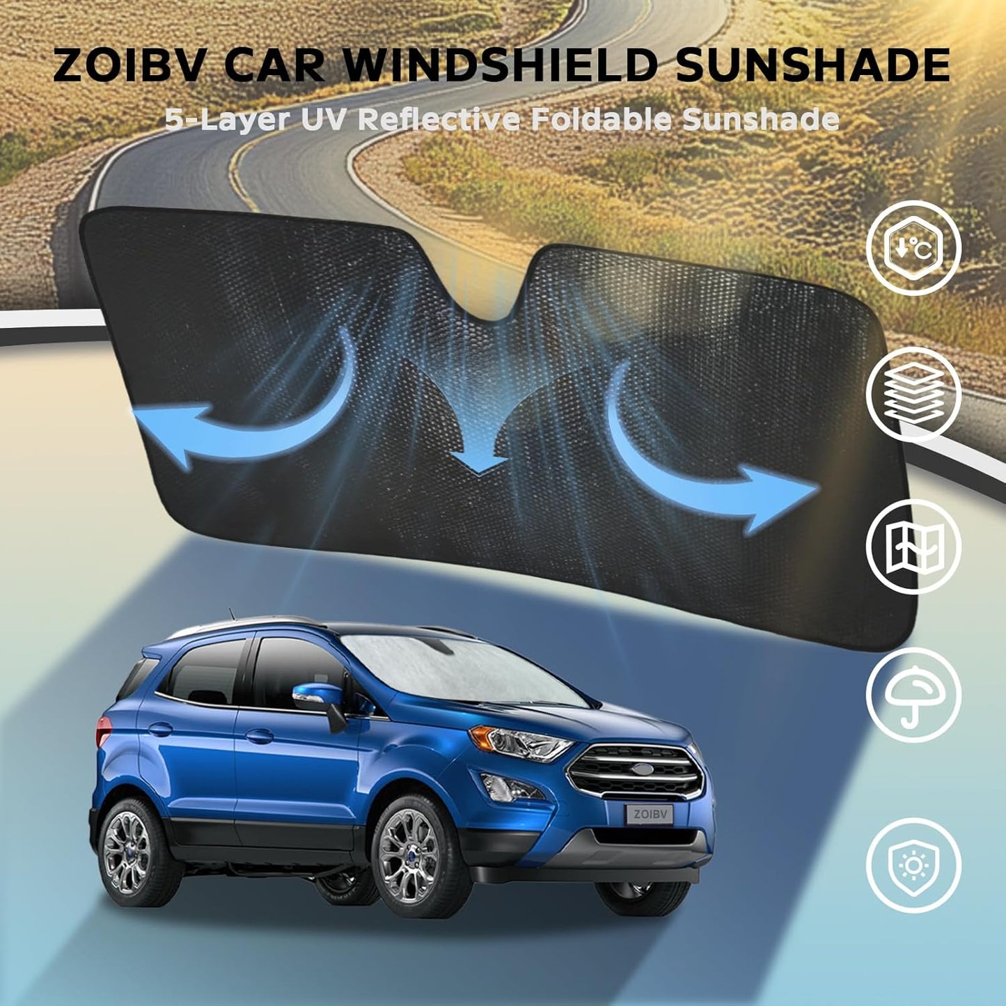 Windshield Sun Shade for Ford EcoSport 2018-2022 - 5-Layer Bubble Foldable Front Window Shade Sun Visor Accessories - Blocks Heat & UV Ray
