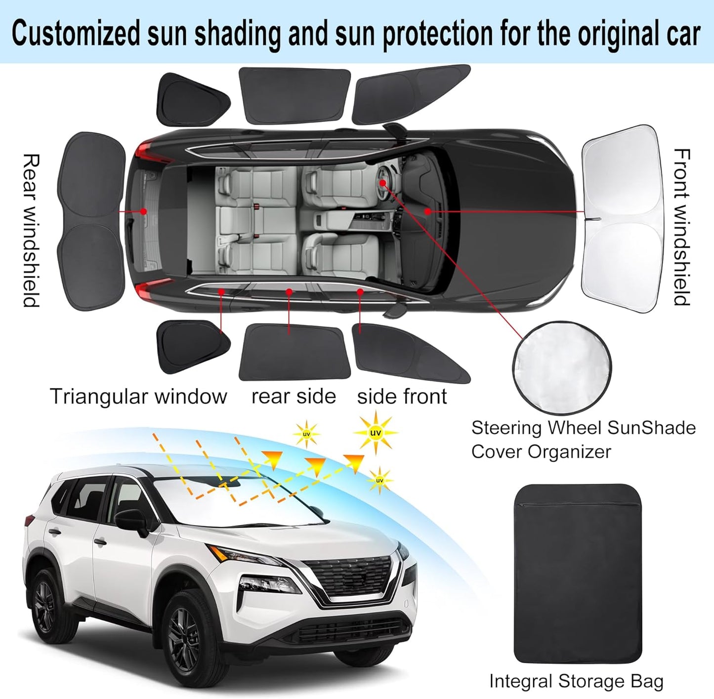 TINGLU Window Shades for Nissan Rogue 2021-2024 2025(NOT for Rogue Sport) Accessories Car Side Full Windows Cover Camping Rear Triangular Windshield Sun Shade Sun UV Rays Privacy Protection 8PCS