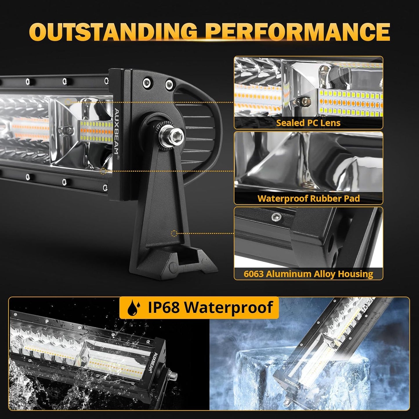 Auxbeam LED Straight Light Bar 50 Inch 288W Amber White Fog Lights, 6 Modes Strobe Yellow Offroad Driving Work Light with Memory Function for Truck Boat Jeep