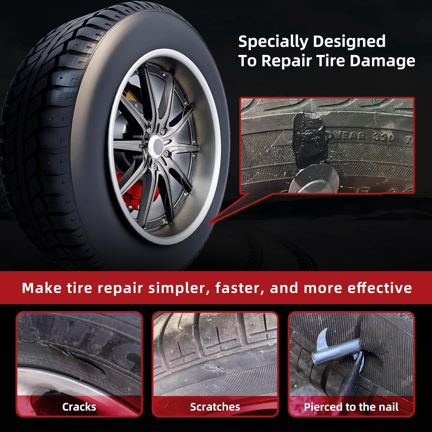 Tire Repair Glue 100ml, Rubber Cement Tire Repair, Tire Plug Glue, Tire Patch Glue Heavy Duty, Three Sizes Tire Repair Nail 15 Pcs, Sidewall Tire Repair Kit for Car, Motorcycle, Bike, Truck, Tractor