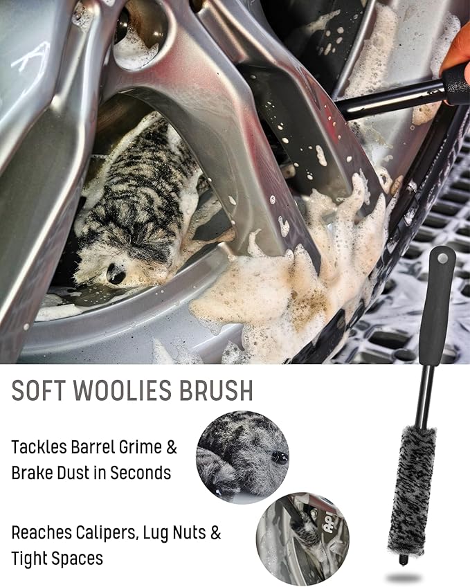 8PCS Pro Wheel Cleaning Kit - Woolies Brushes, Detailing Brush, Tire Brush, Wash Mitt, Drying Towel & Carry on Bag - Scratch-Free Rim Cleaning Kit