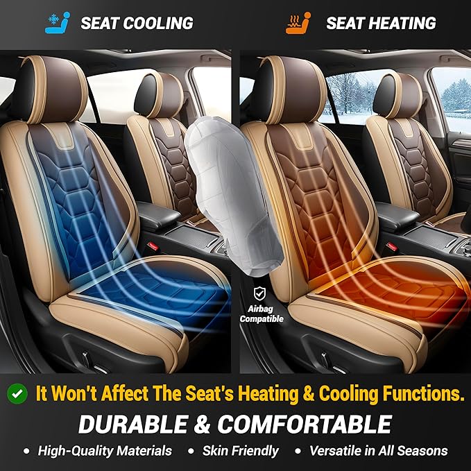 OASIS AUTO Car Seat Covers Front Seats, Waterproof Faux Leather Seat Covers for Cars Universal Fit for SUV, Truck, Sedan, Black Premium Car Seat Protector with Cushions (OS-004 Coffee)
