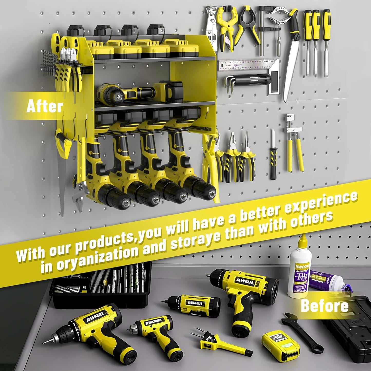 3-Tier Modular Drill Holder & Power Tool Organizer Wall Mount with Charging Station, Tool Storage Rack with Hooks, 8-Outlet Power Strip, Bit Rack & Cordless Garage Tool Organization (Yellow)