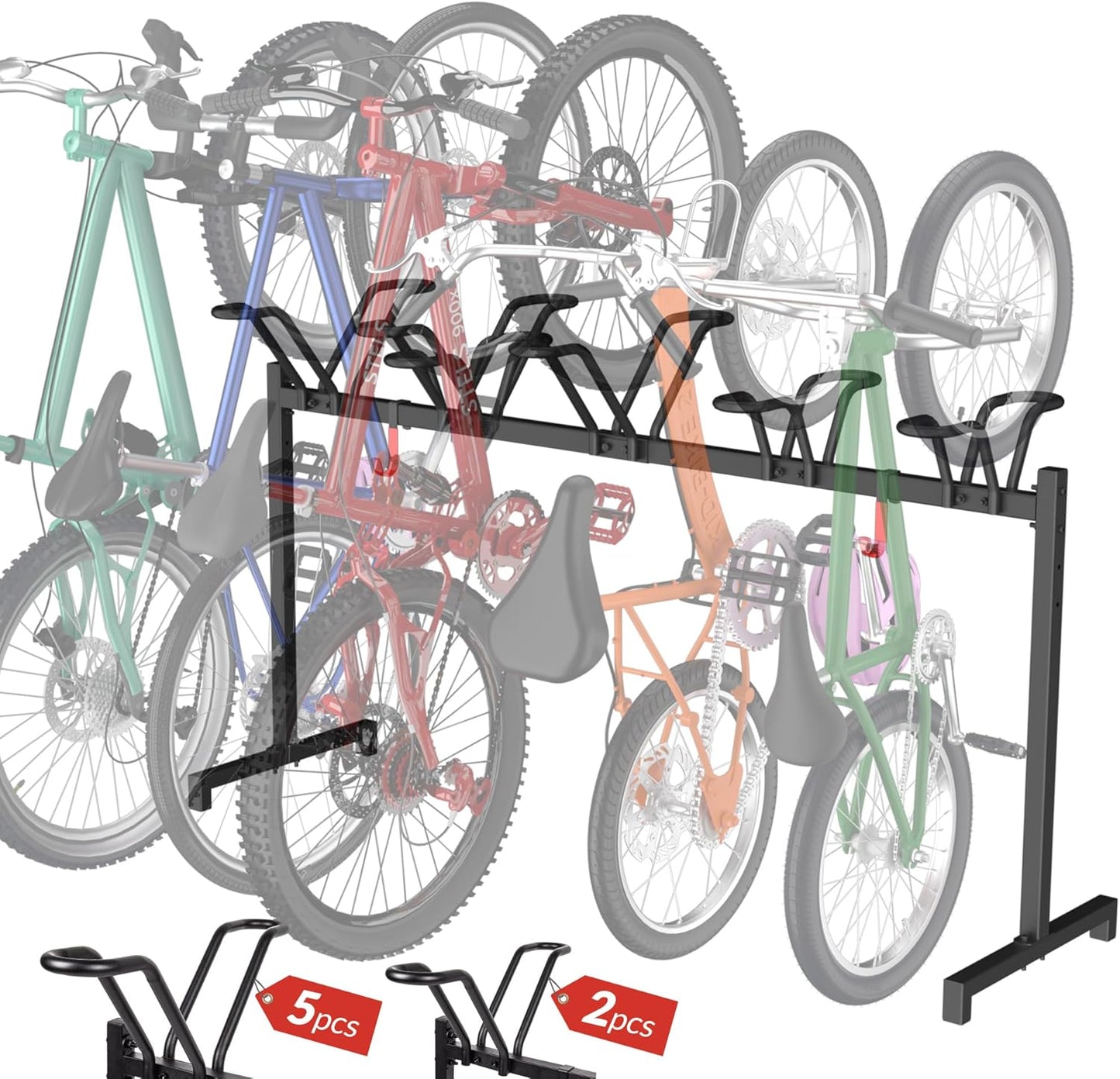 5 Bikes Floor Stand, Adjustable Bicycle Parking Rack with Hook for Garage, Indoor, Outdoor, Free Combination Bike Storage Cycle Rack for Mountain, Road and Kids Bikes, Max Tire Width 2.5”