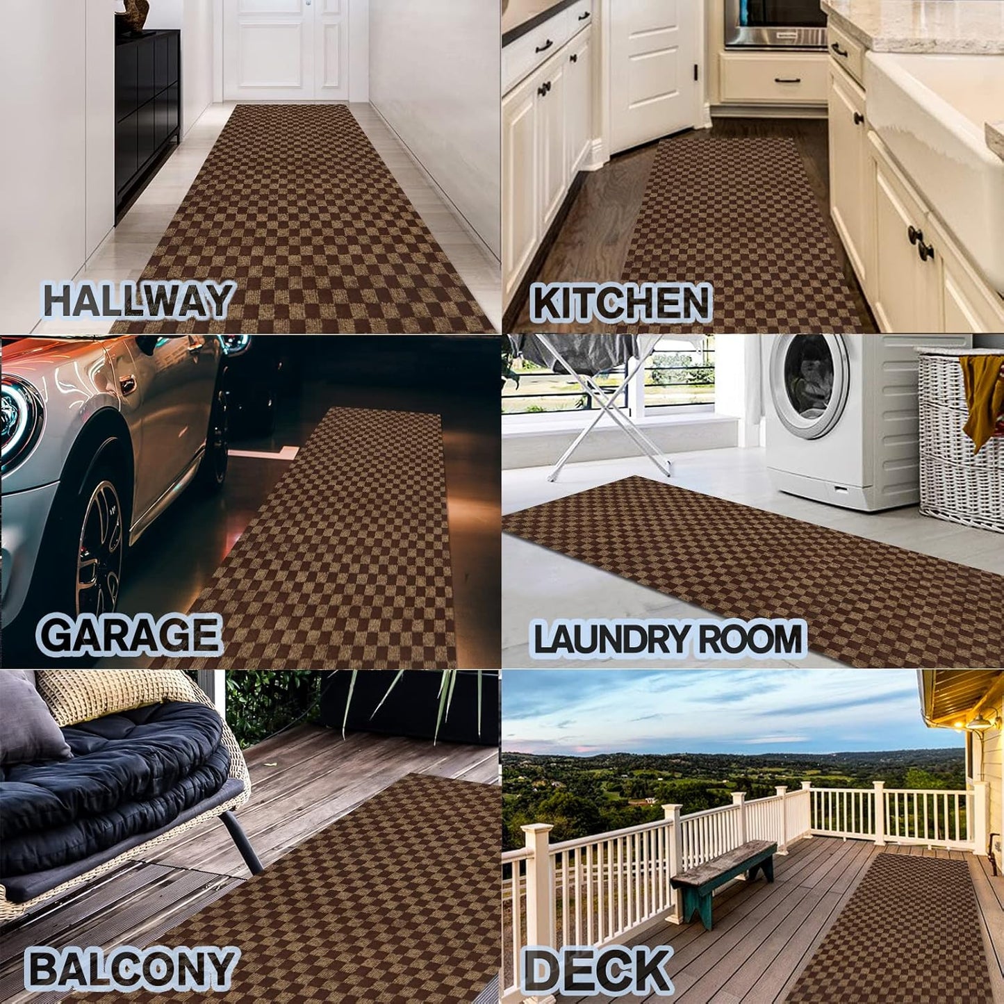 Custom Size Backed Non-Slip Area Rugs Runner, Easy Clean, Waterproof Runner Rugs for Hallway Entryway, Kitchen, Laundry, 3FT x 34FT, Brown Checkered