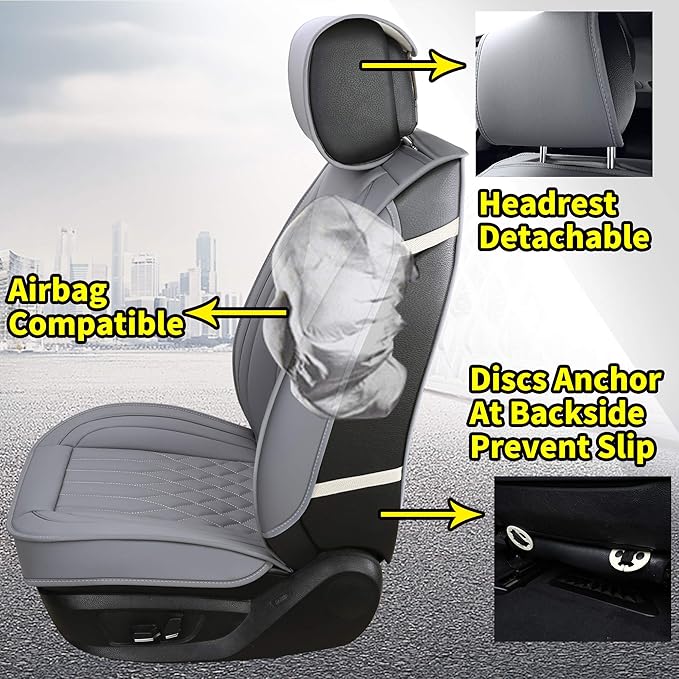 Aierxuan 2pcs Car Seat Covers Front Set with Waterproof Leather, Airbag Compatible Automotive Vehicle Cushion Cover Universal Fit for Most Cars (Grey)