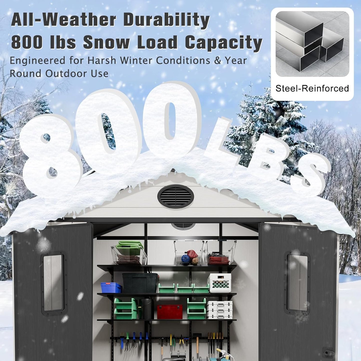 EAGLE PEAK 8x6 Resin Outdoor Storage Shed, Weatherproof Garden Shed with Floor & Lockable Doors, Tool & Equipment Storage for Backyard or Patio, White/Gray