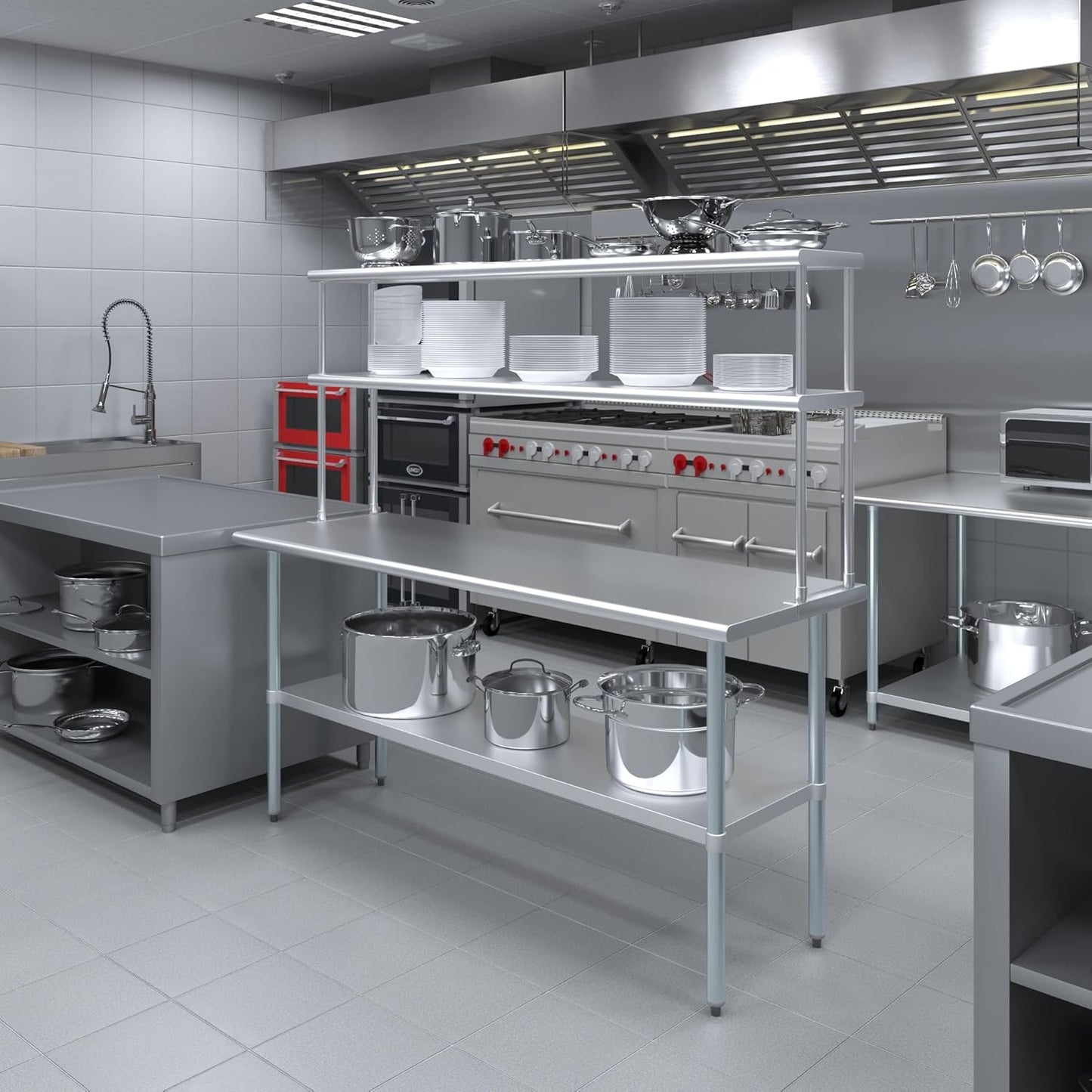 Amgood Stainless Steel Work Table Double Tier Overshelf | Metal Kitchen Prep Table & Shelving Combo (24" x 72" Work Table + 12" Overshelf)