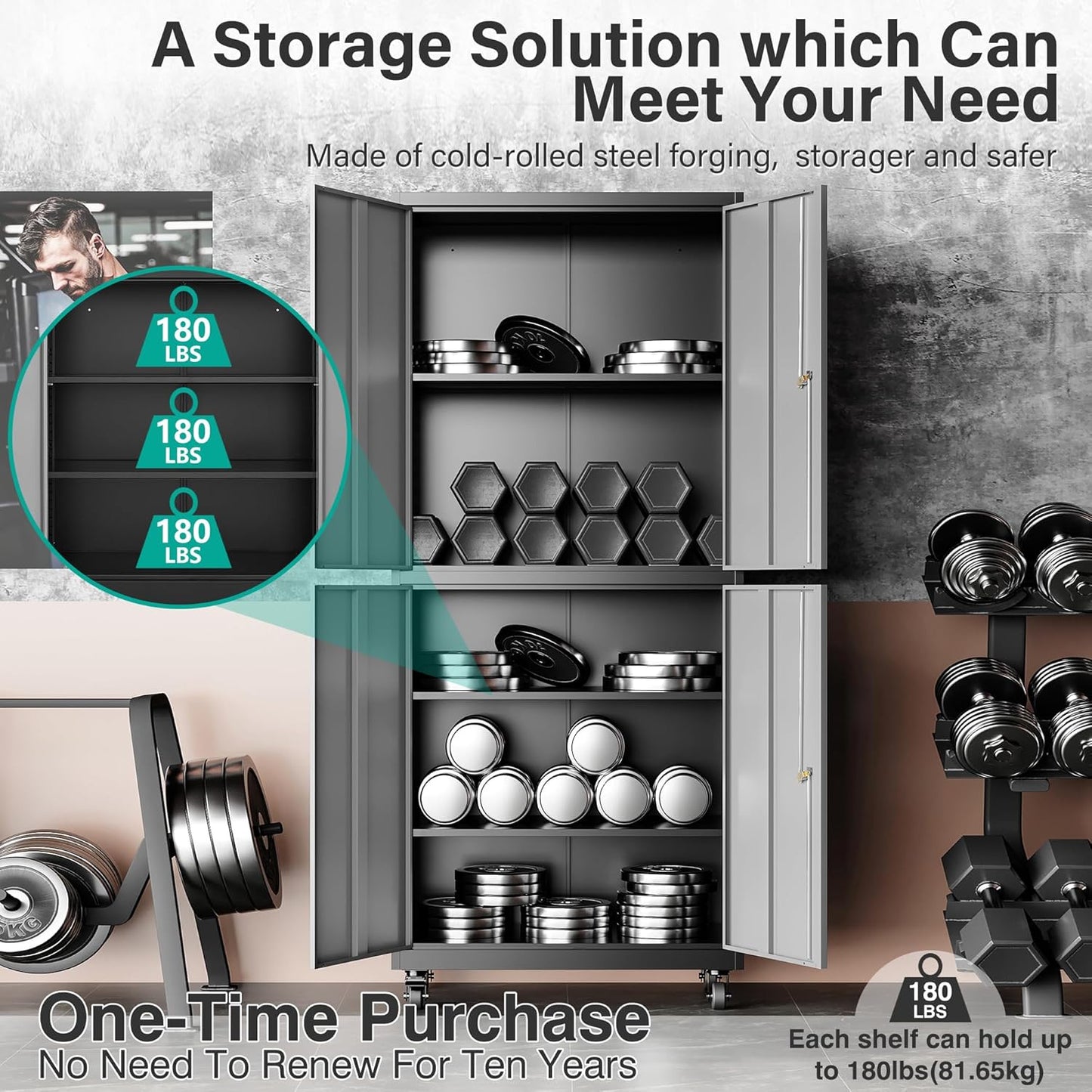 Metal Storage Cabinet with Wheels,Rolling Garage Storage Cabinet with Lock,Gray Lockable Metal Cabinets with Shelves,Tall Tool Cabinets on Wheels for Garage,Home,Office,Shop