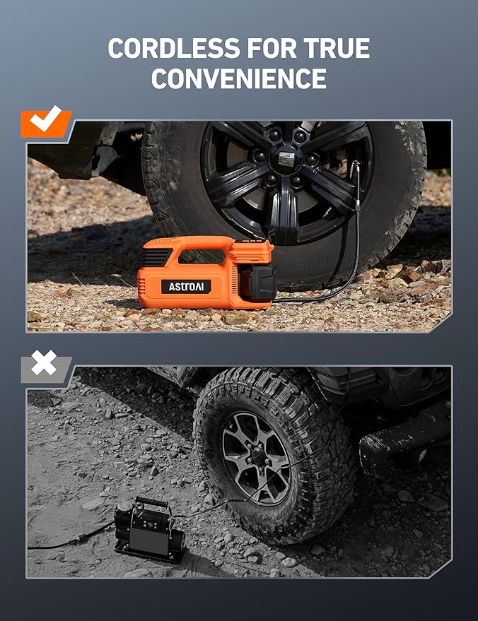 AstroAI TC4 Portable Air Compressor Tire Inflator, 470W 18V Cordless Air Pump for Truck Tires with 4000mAh Battery, 150PSI Heavy Duty Air Compressor with Digital Display for Car, RVs, SUV Gift Orange