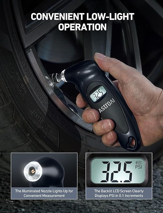 AstroAI Digital Tire Pressure Gauge 0-150PSI, Accurate in 0.1 Increments, Tire Gauge with Backlit LCD and Presta Valve Adaptor, 4 Units of Measurement for Car Truck Bicycle, Gray