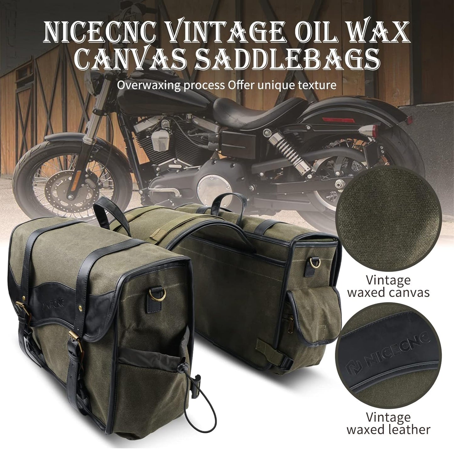 NICECNC Motorcycle Saddlebags Vintage Oil Waxed Canvas Leather, 30L Throw Over Saddle Bags Side Luggage Bags for Men Women Camping, Compatible with Harley, Honda, Suzuki, Yamaha, Adventure, Green
