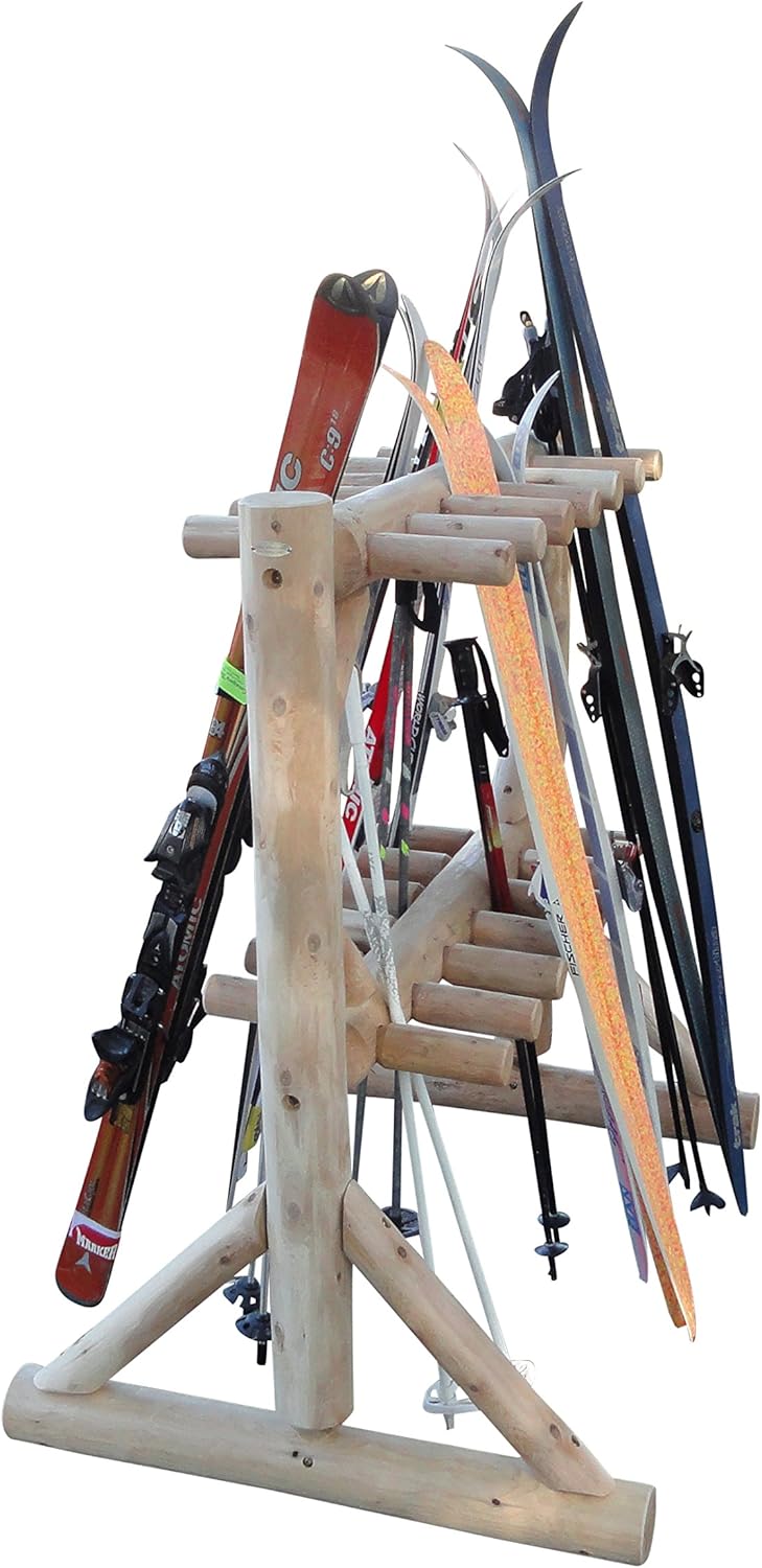 11-Place Freestanding Log Ski Rack Holder, Indoor & Outdoor Snowboard Racks, Standing Storage, Garage Racks for Snow Skis, Durable Snowboard Rack Garage Storage Organizer - Unfinished + 15" Anchor Kit