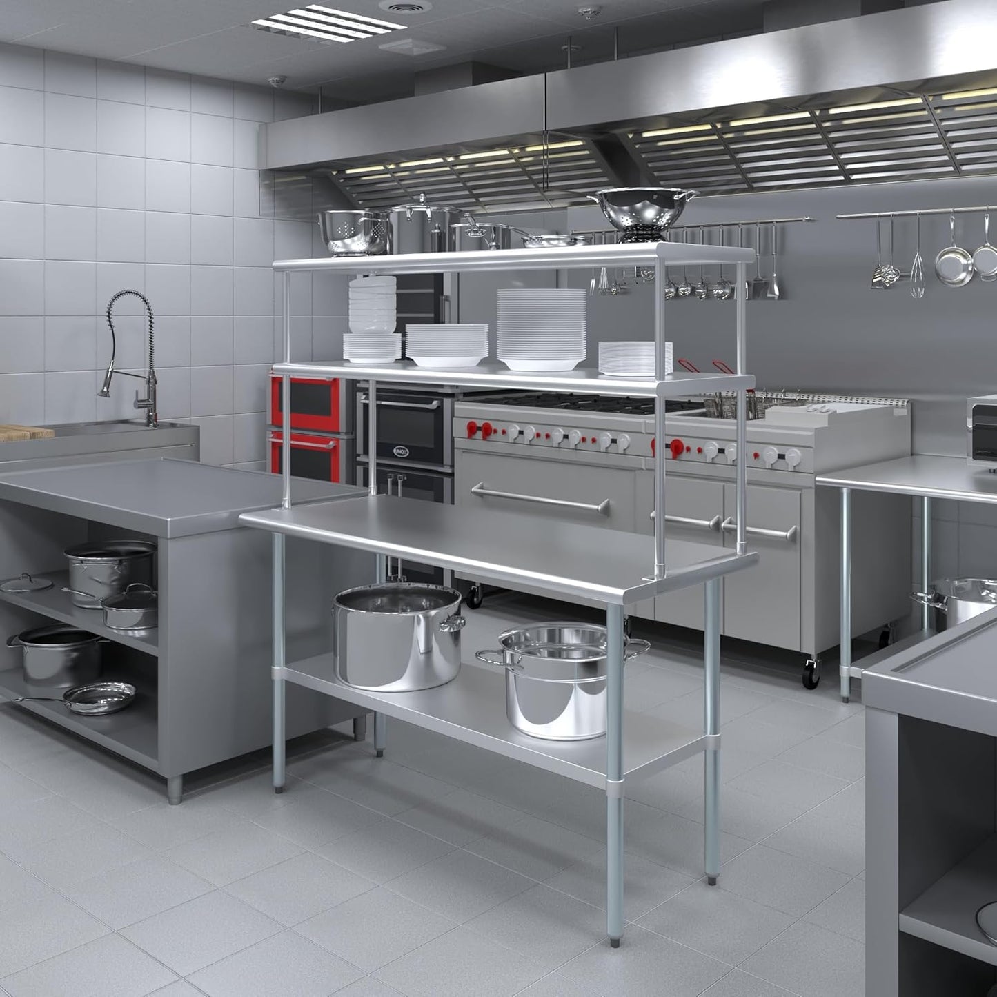 Amgood Stainless Steel Work Table Double Tier Overshelf | Metal Kitchen Prep Table & Shelving Combo (24" x 60" Work Table + 18" Overshelf)