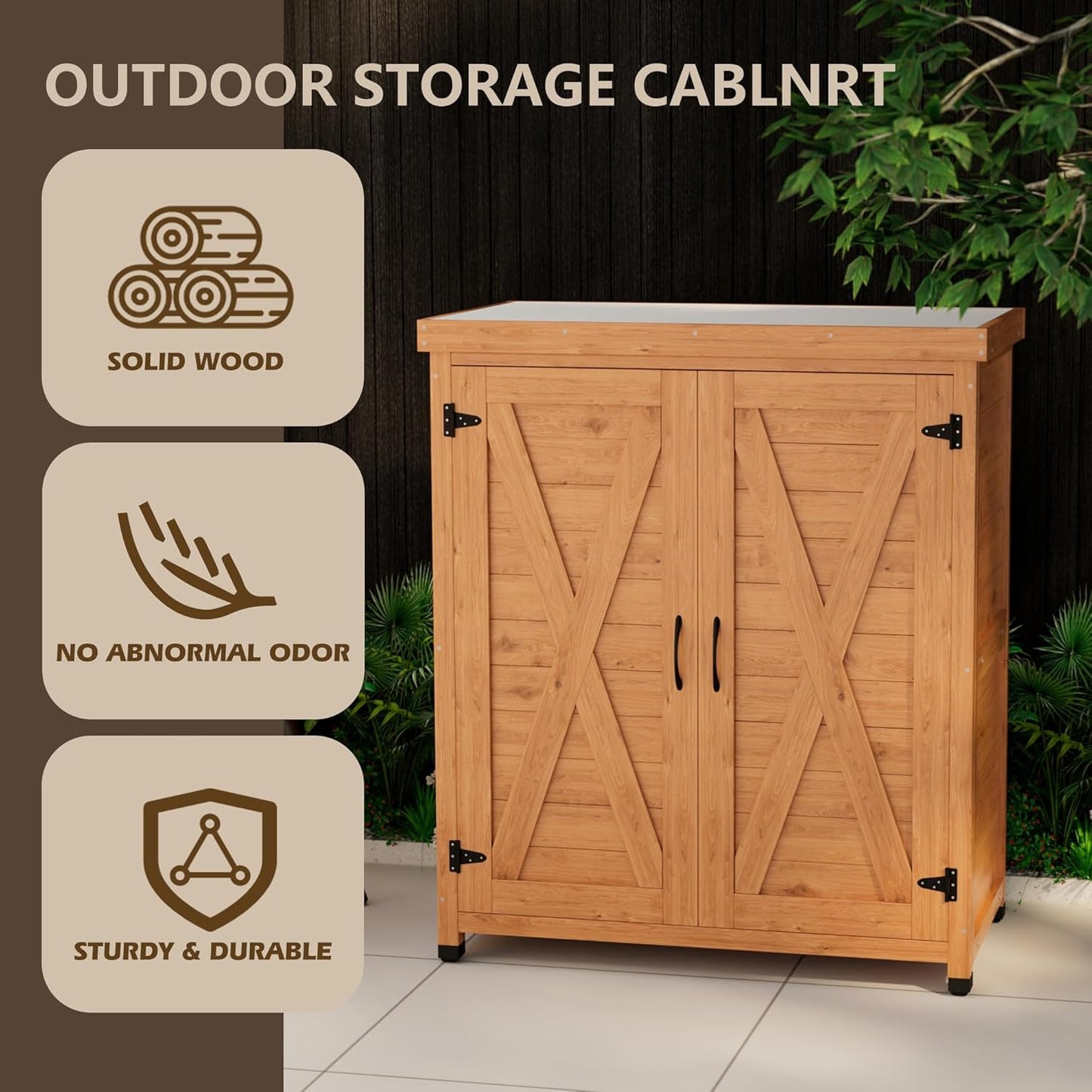 Outdoor Storage Shed Waterproof, Potting Shed with Storage Cabinet and Metal Table Top for Backyard Garden Patio, Outdoor Work Station Table, Light Brown