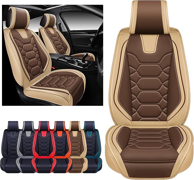 OASIS AUTO Car Seat Covers Front Seats, Waterproof Faux Leather Seat Covers for Cars Universal Fit for SUV, Truck, Sedan, Black Premium Car Seat Protector with Cushions (OS-004 Coffee)