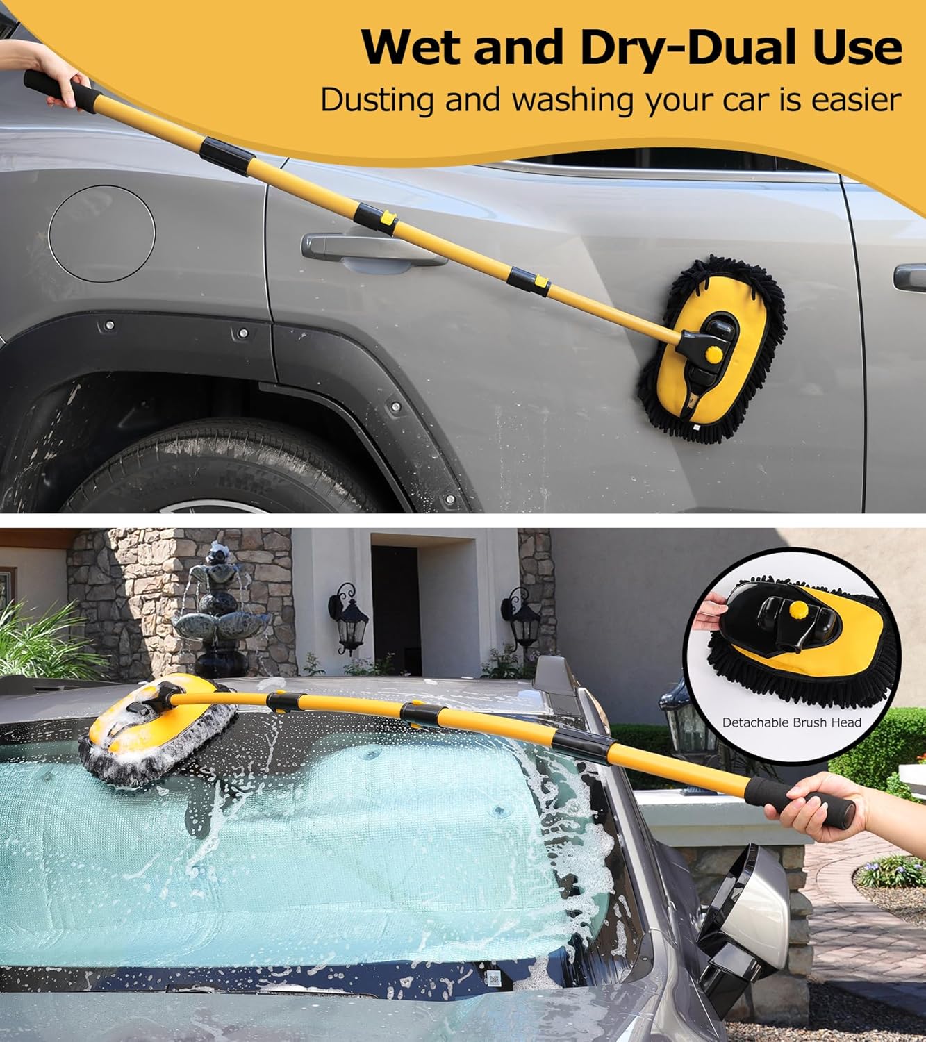 anngrowy 56.7" Car Wash Brush Mop Kit Mitt Sponge with Long Handle Car Cleaning Supplies Kit Tools Car Washing Duster Exterior Scratch Free, Chenille Replacement Head Extension Pole