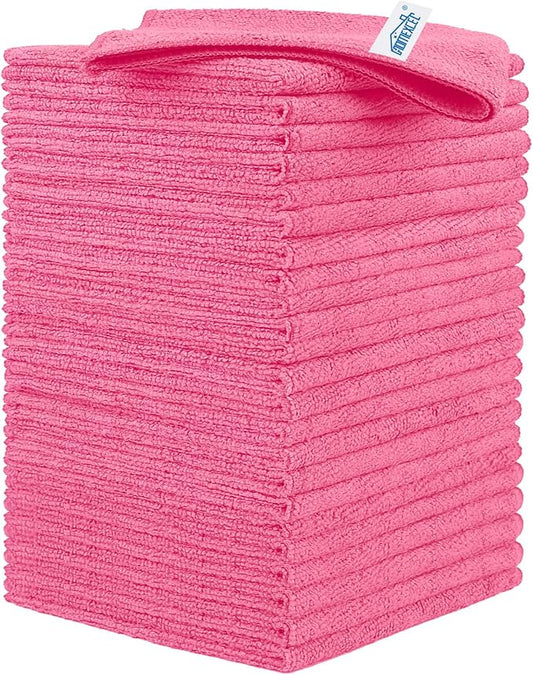 HOMEXCEL Pink Microfiber Cleaning Cloth, 24 Pack Cleaning Towels for Kitchen, Lint Free, Scratch-Free, Highly Absorbent, and Reusable Cleaning Rags for House, Window and Glass, Cars, 11.5 X11.5 inch